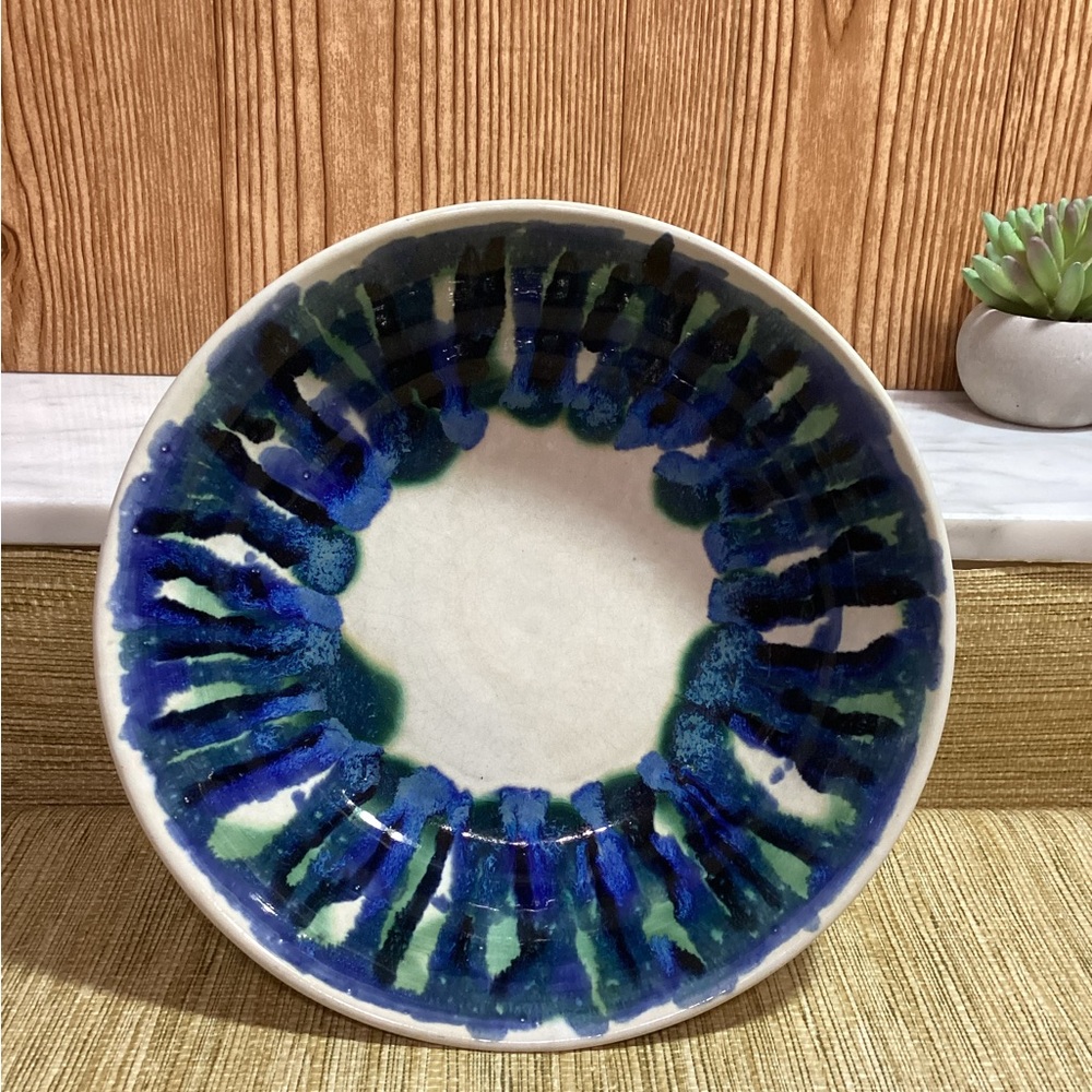 Handcrafted Pottery Bowl Drip Glaze with Blue and Green Accents 9”
